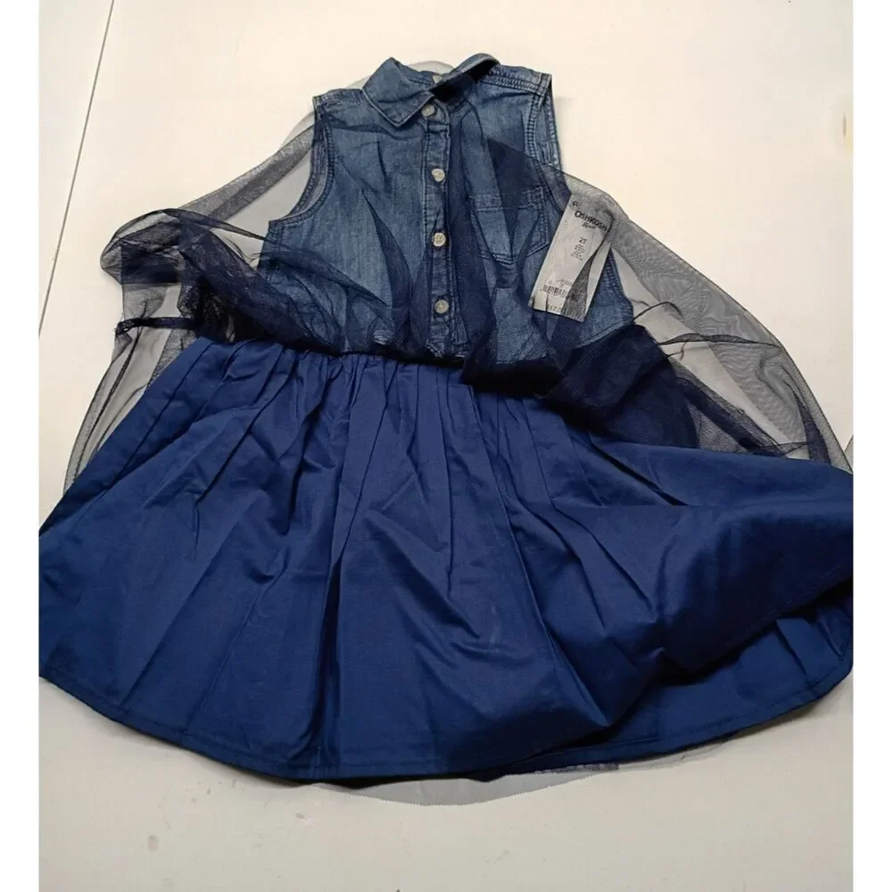 Oshkosh Navy Blue Dress Toddler SZ 2T Fit n Flare Denim & Layered Tulle NWT